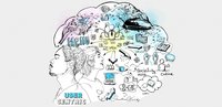 Illustration mit vielen Elementen zum Thema Produzieren von Medien