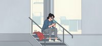 Eine Frau mit Maske sitzt auf der Treppe vor Büroräumen – Illustration